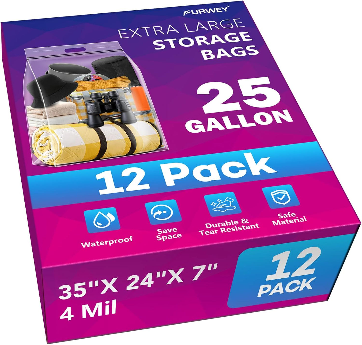 25 Gallon Extra Large Storage Bags 35”x 24”Resealable Clear Bags with Handle 4 Mil Thick Heavy Duty Big Bag for Clothes Pillow Travel Moving,Bedding,Shoes and Toys Storage, Pack of 12