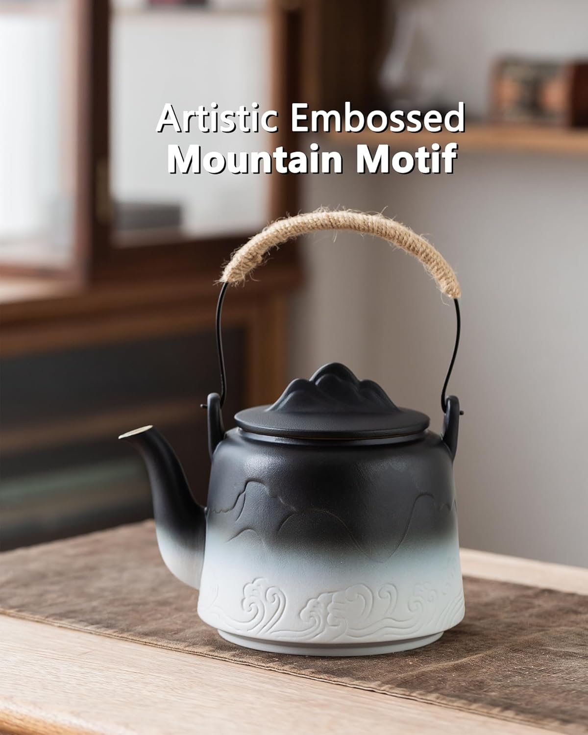 ZENS Vintage Japanese Teapot, 33.8 oz Gradient Embossed Ceramic Loose Leaf Tea Pot with Built-in Filter for Tea Steeper, Hemp Rope Handle Japanese Teapot for Tea Lovers Gifts, Black & White