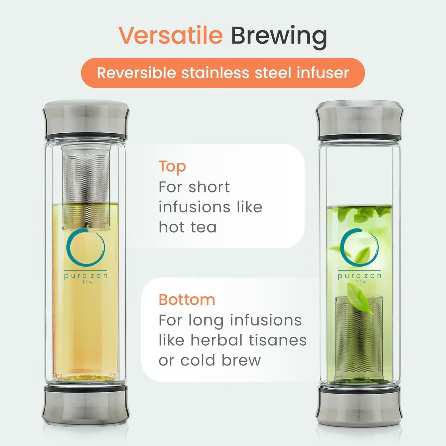 Pure Zen Tea Tumbler with Infuser - Double Wall Glass Travel Mug with Stainless Steel Filter - Leakproof Tea Infuser Bottle for Loose Leaf Infusions and Fruit Infused Water - Unique Gift Set - 13 oz