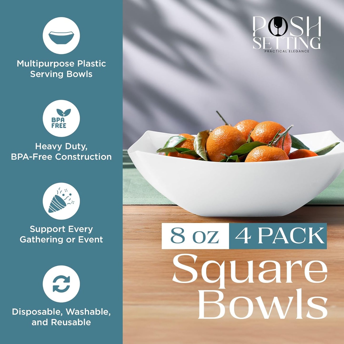 Posh Setting White Plastic Serving Bowls Disposable - Square Bowls - Square Candy Bowl - Plastic Snacks & Chip Bowls for Parties - White, Gold & Clear, Black Serving Dishes, 64 OZ, 4 Pack