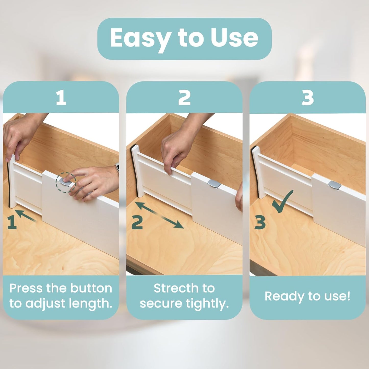 RAPTUROUS Adjustable Drawer Dividers 4 Pack, 4” High, 11-17” Long, Dresser Drawer Divider for Bedroom, Closet, Kitchen, Nursery Organization, Office, Strong & Sturdy Hold, Soft Foam Edges（White）