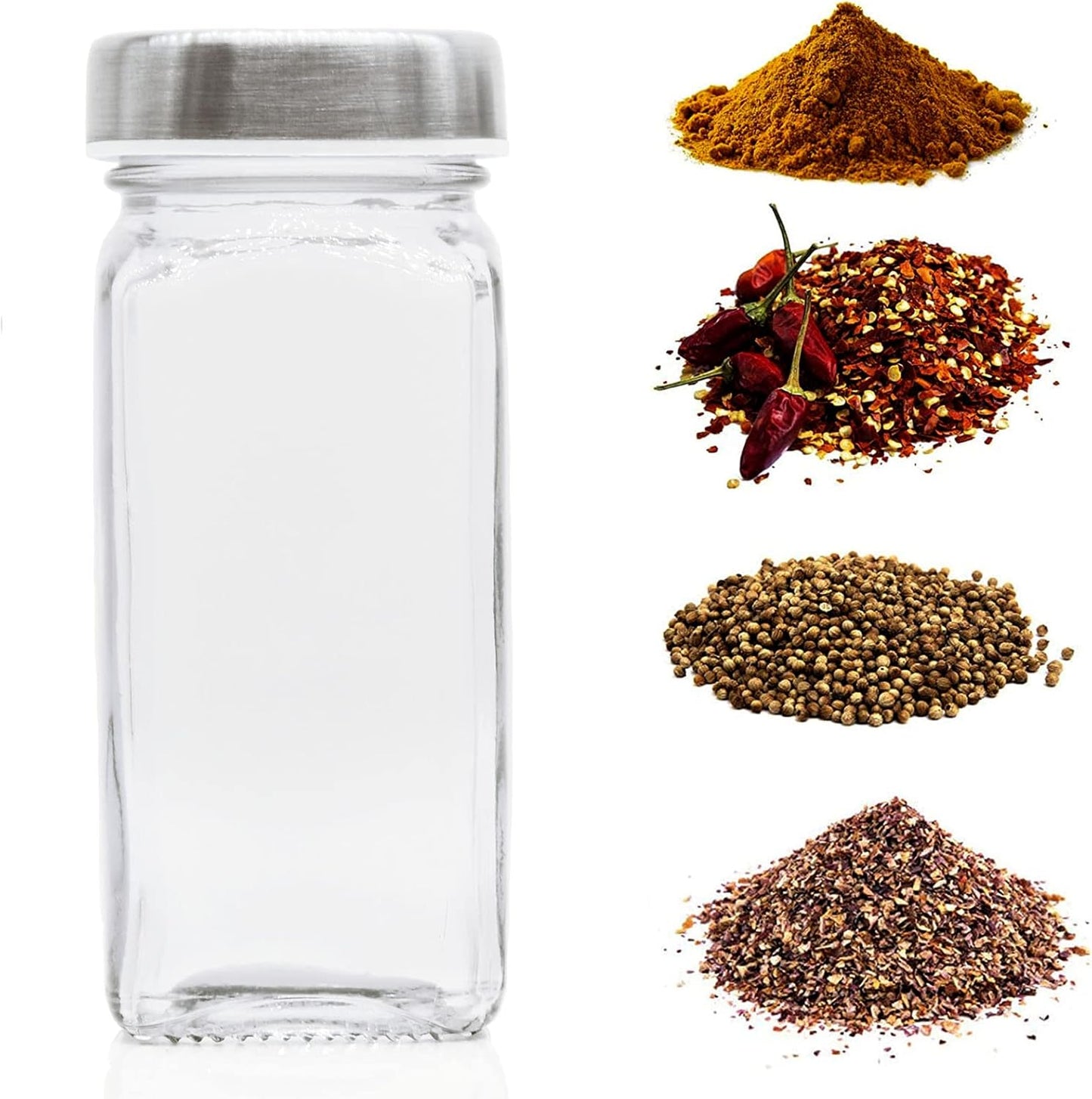6pcs Spice Jars, 4 oz Glass Seasoning Bottles, Spices Container, Empty Spice Jars, Square Spice Bottles with Airtight Stainless Steel Caps with Shaker Lid