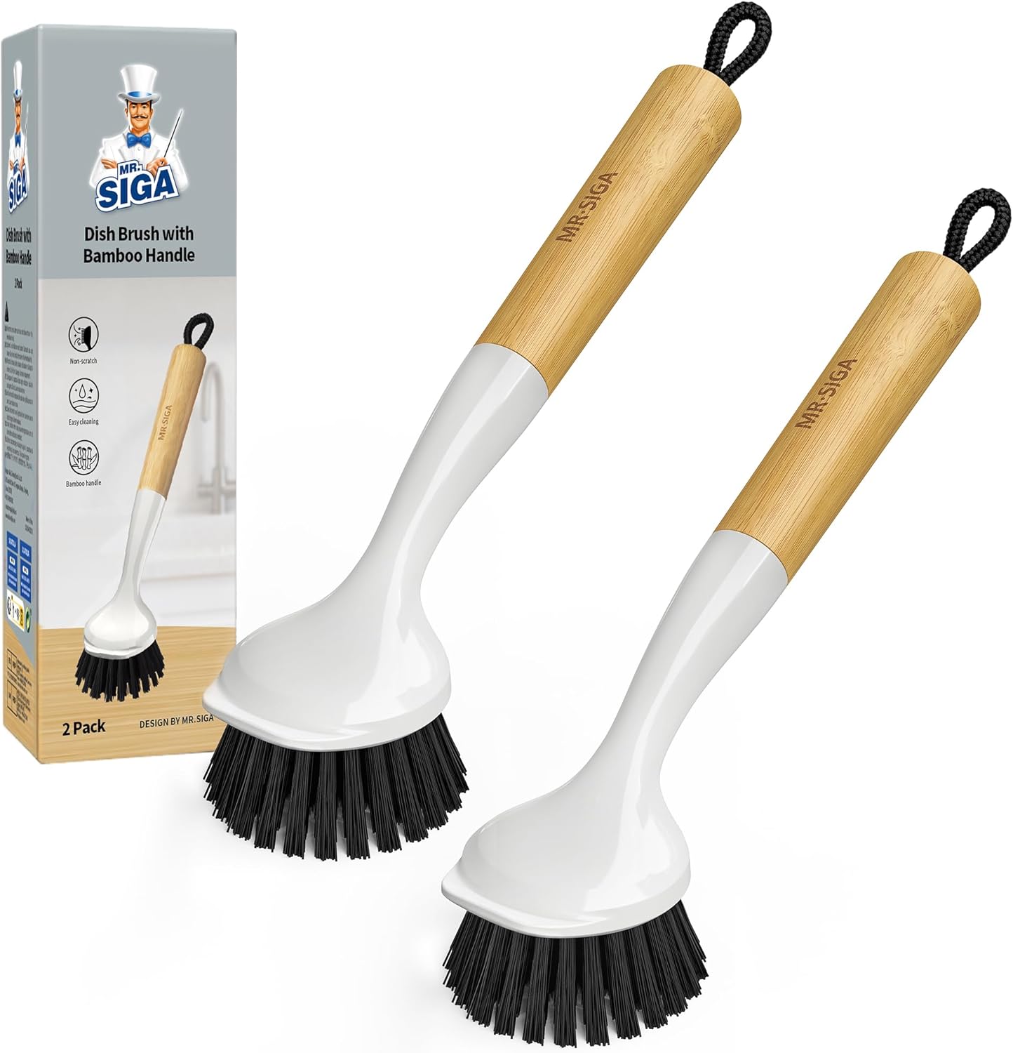 MR.SIGA Dish Brush with Handle, Dish Scrub Brush with Built-in Scraper, Bamboo Dish Brush for Pots and Pans, Kitchen Sink, 2 Pack