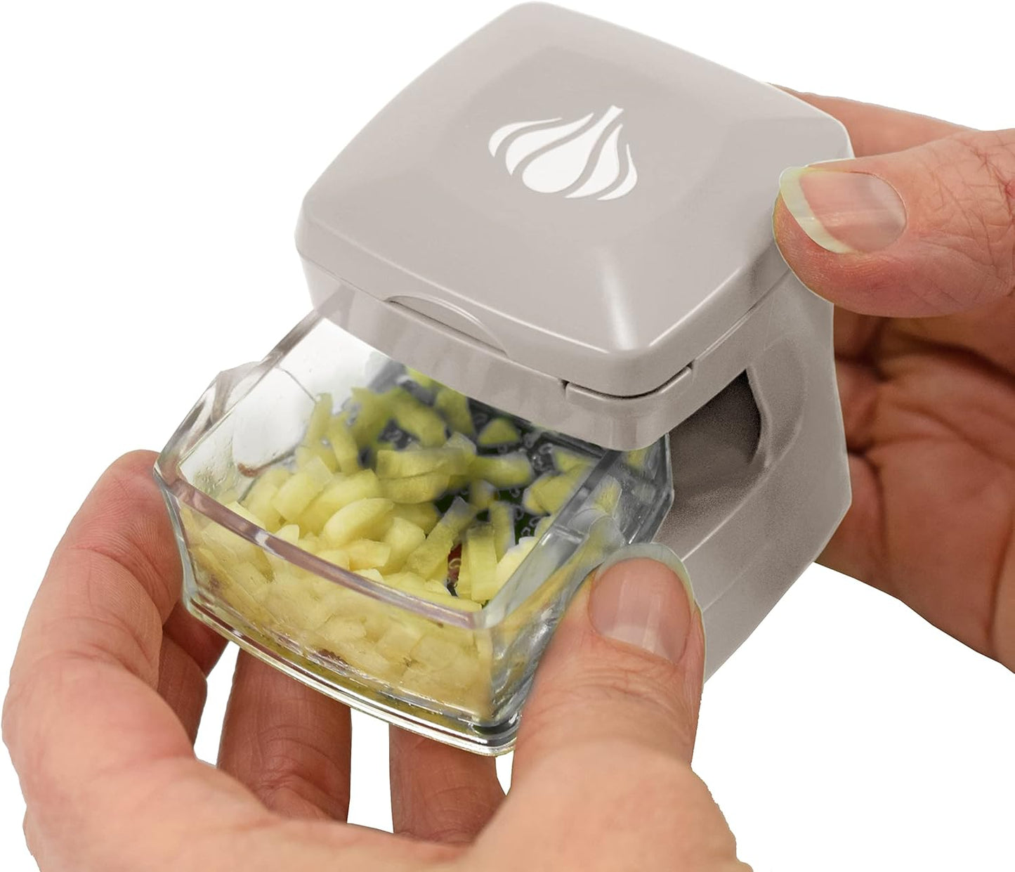 Garlic-A-Peel Garlic Press, Crusher, Cutter, Mincer, and Storage Container - Includes Silicone Garlic Peeler - Easy to Clean - Stainless Steel Blades – (Cream), standard