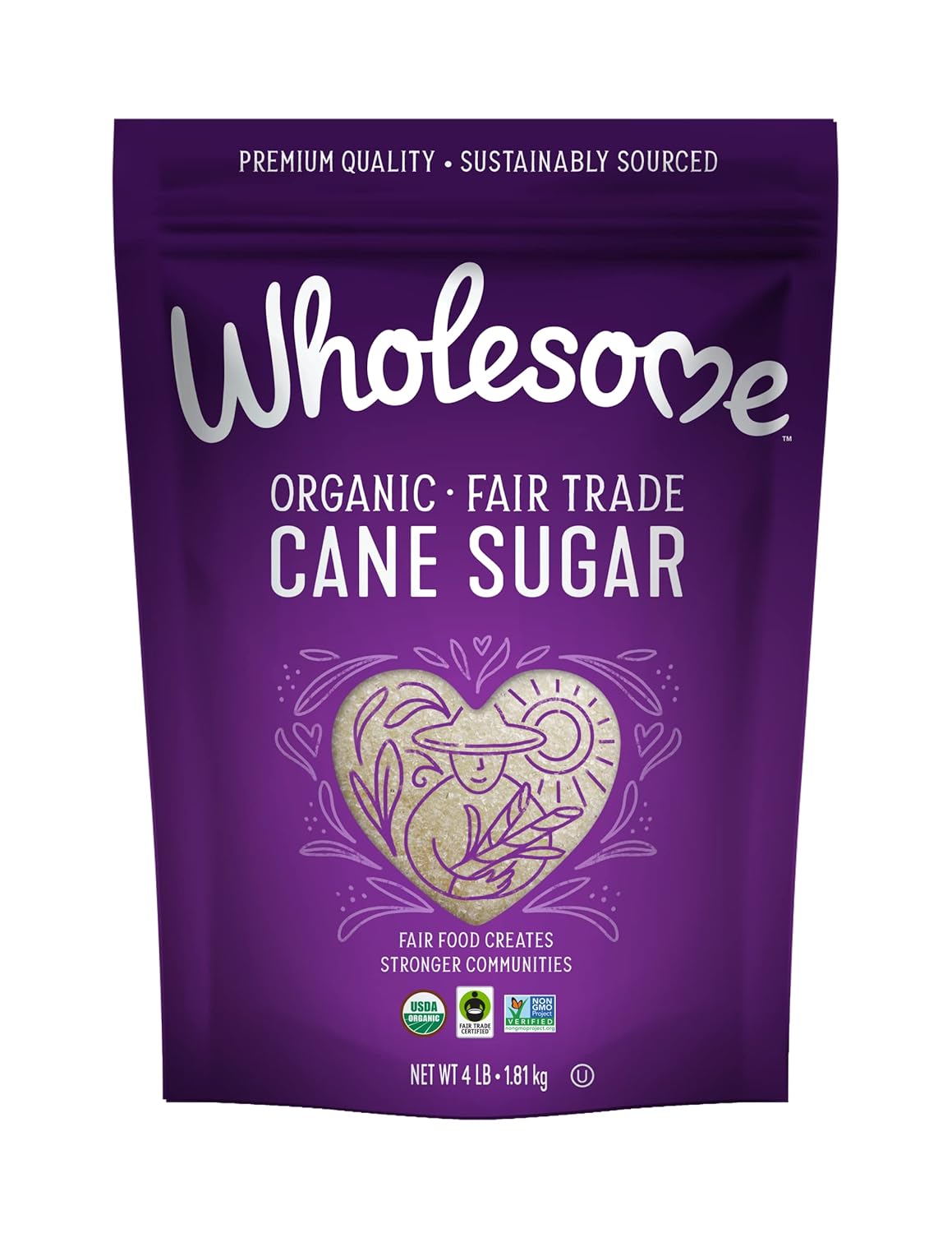 Wholesome Sweeteners 4-Pound Organic Cane Sugar, Fair Trade, Non GMO, Gluten Free & Vegan for Baking and Sweetening, 1 Pack