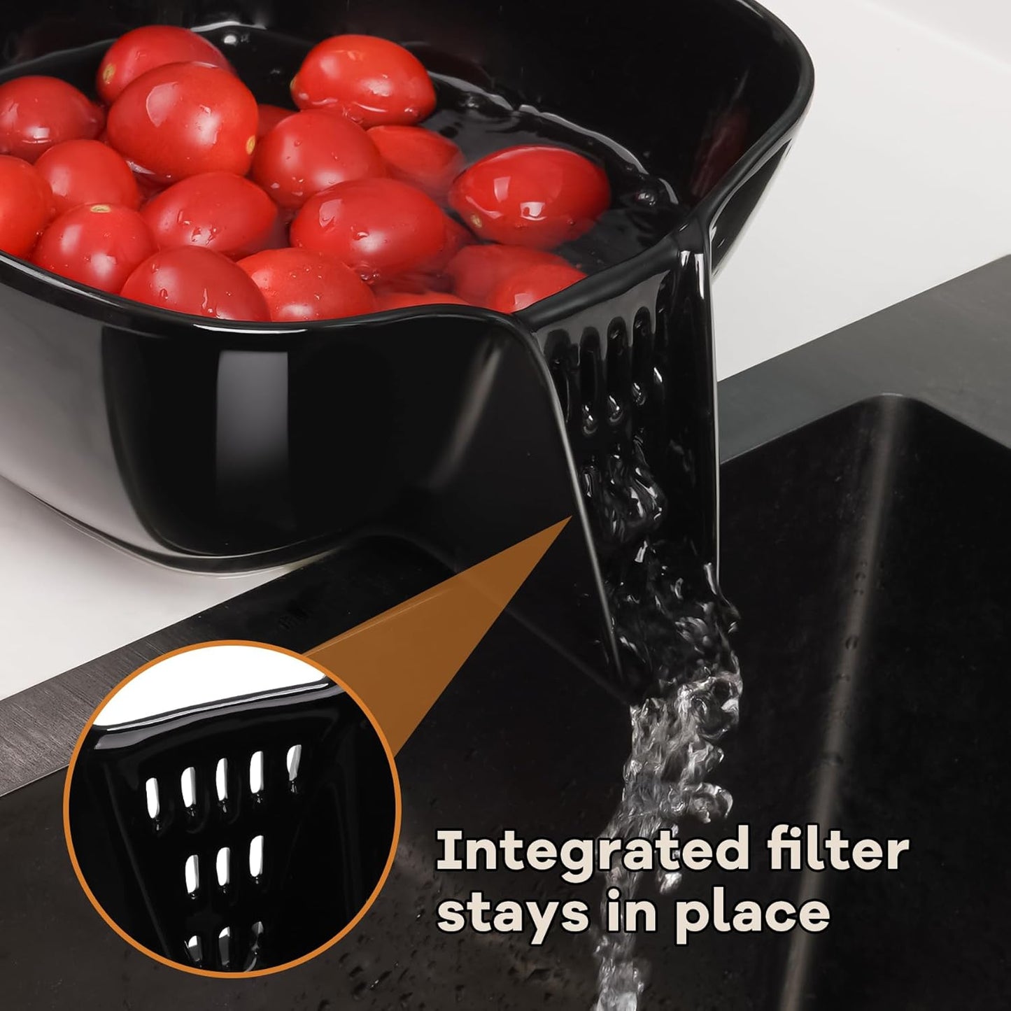 NiHome Ceramic Food Strainer with Integrated Drain Spout, Large Capacity Colander Bowl for Vegetables, Fruits, Pasta & More, Heat-Resistant, Crack-Proof, Easy to Clean, Dishwasher-Safe (Black)