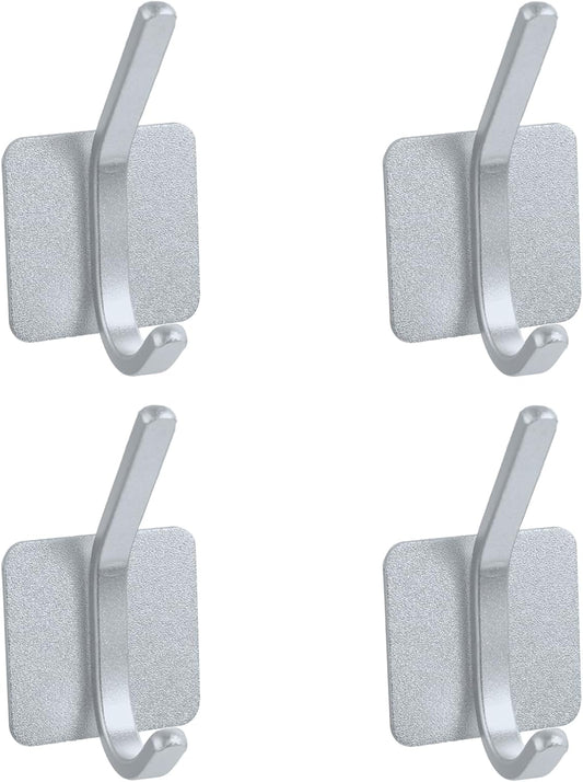 Aluminum Wall Hooks, No Drill Damage-Free Adhesive Hook, Product for Hanging Heavy Duty for Bathroom Kitchen Home (Double Square Sliver Hook, 4)