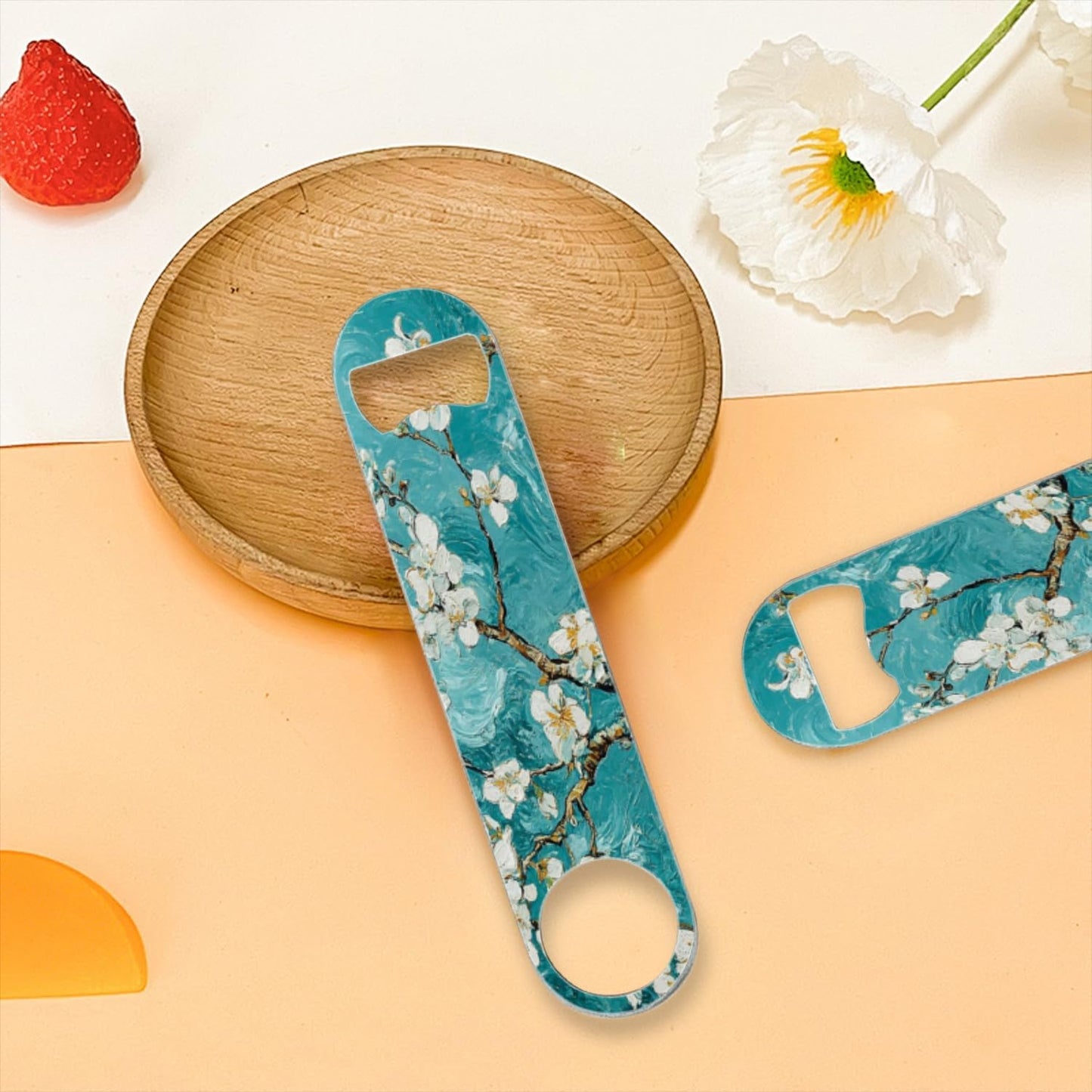 2 PACK Beer Bottle Opener, Stainless Steel Flat Bottle Openers,7 inch Metal Decor,Blue And White Almond Flowers