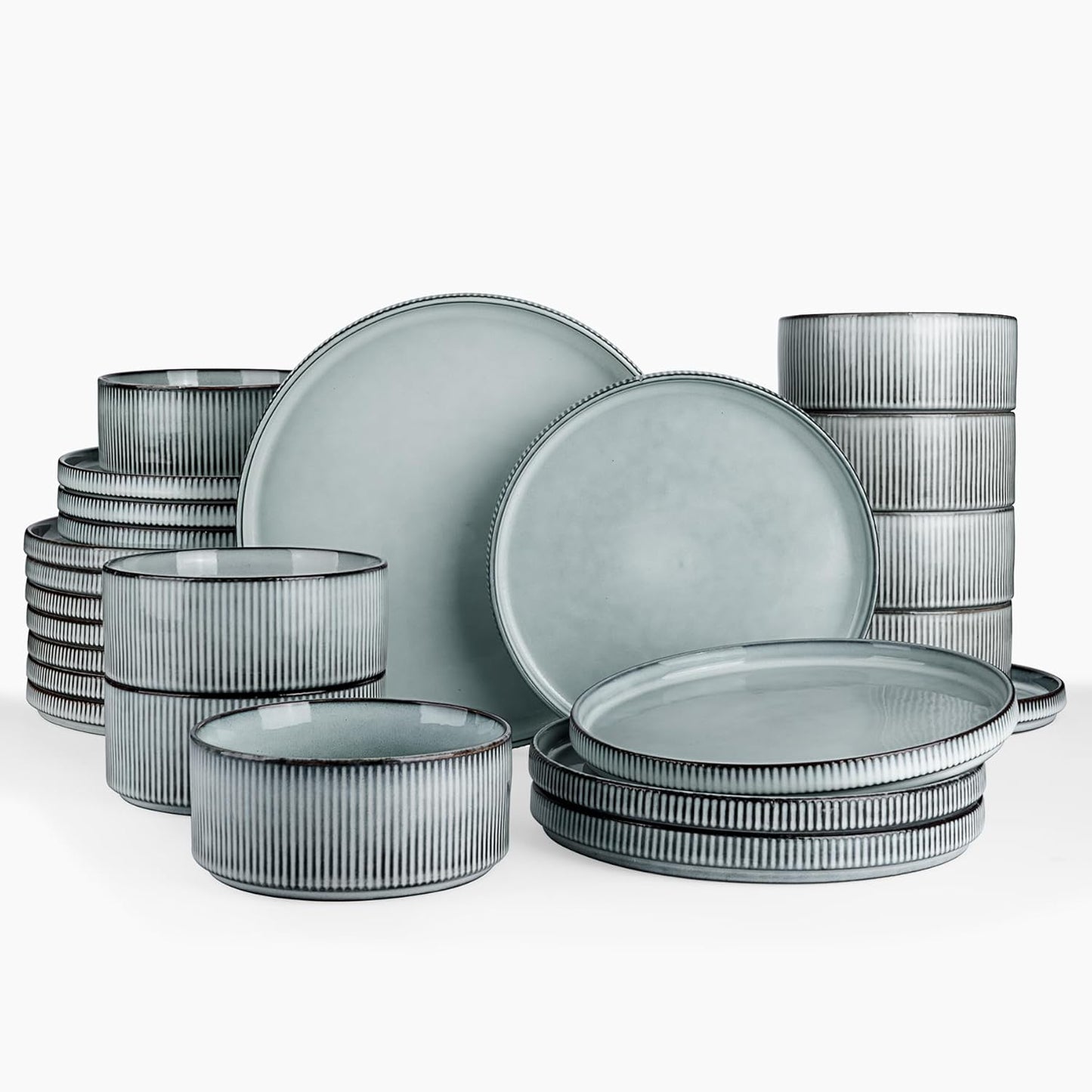 famiware Star Plates and Bowls Sets, Modern Stoneware Dinnerware Sets for 8, 24-Piece Kitchen Dish Set - Microwave and Dishwasher Safe, Chip and Scratch Resistant, Smoky Blue