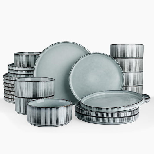 famiware Star Plates and Bowls Sets, Modern Stoneware Dinnerware Sets for 8, 24-Piece Kitchen Dish Set - Microwave and Dishwasher Safe, Chip and Scratch Resistant, Smoky Blue