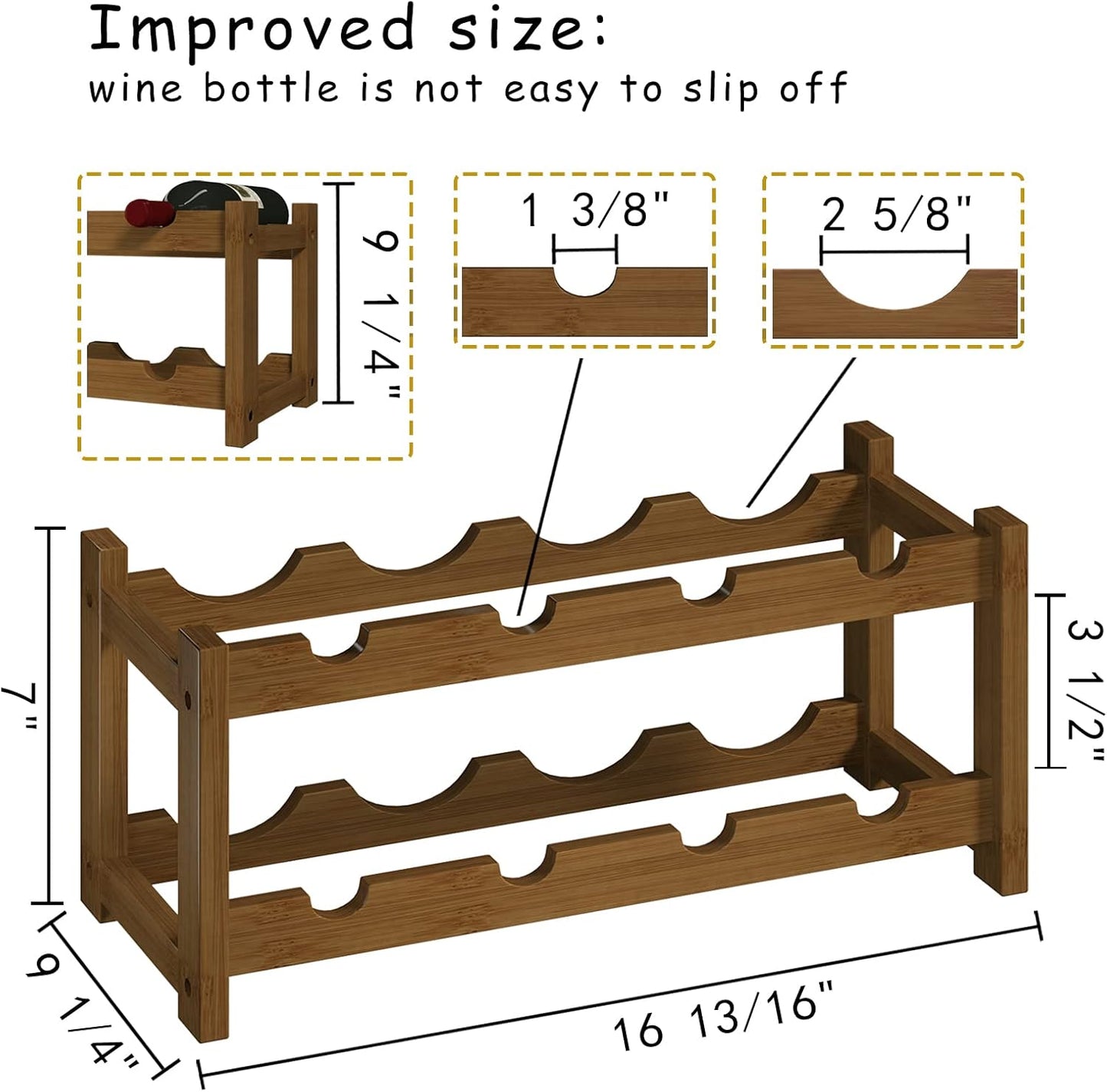 BAMEOS Bamboo Wine Rack, 2 Tier Wine Racks Countertop Storage, Wine Bottle Holder Wine Rack freestanding Floor for Kitchen, Bar, Pantry, Wine Cellar, Basement,Study，Maroon (16.85 L x 9.25W x 7H)