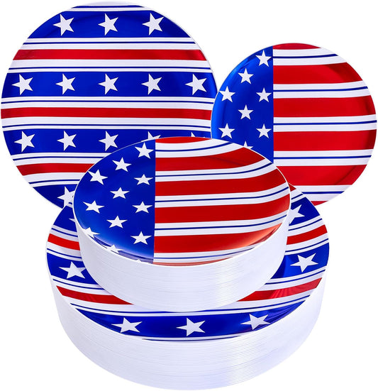 FLOWERCAT 60PCS 4th of July Plates & Red White Blue Plates for Independence Day, Memorial Day - American Flag Plastic Plates Include 30PCS 10.25inch Dinner Plates and 30PCS 7.5inch Dessert Plates