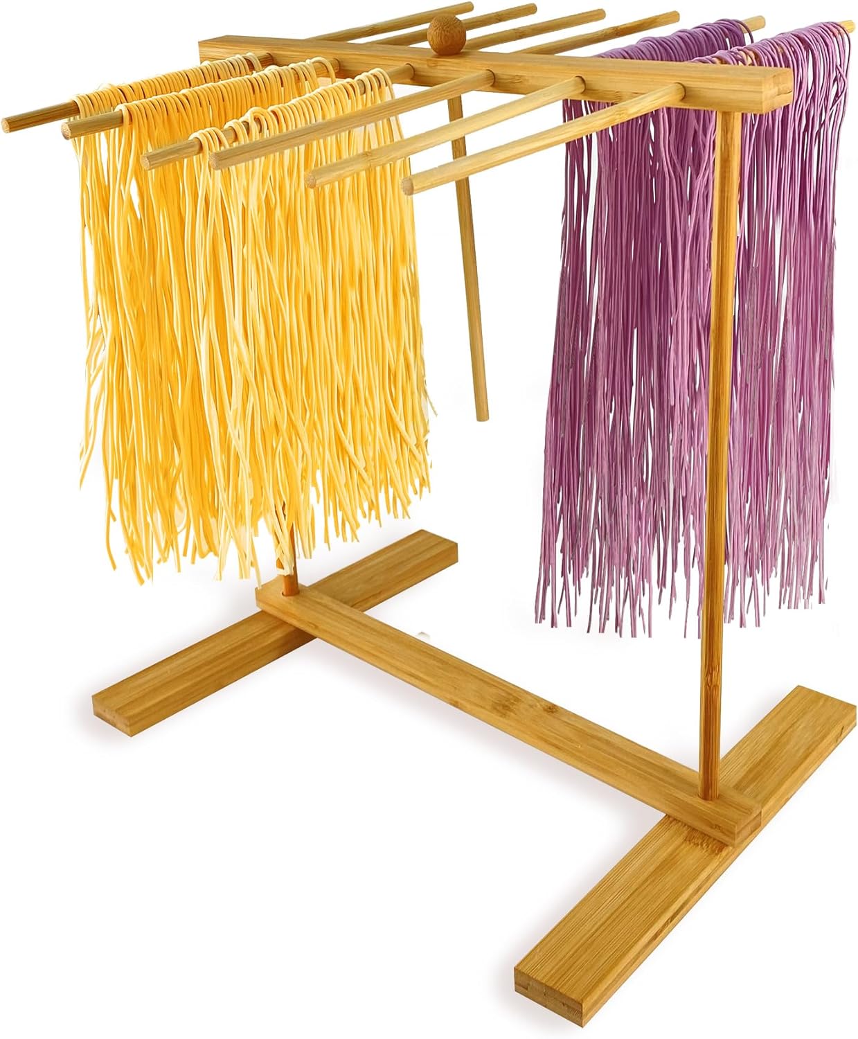 Bamboo-Pasta-Drying-Rack With Transfer Wand & 12 Arms, Large Tall Collapsible Fresh Pasta Dryer Holder For Homemade Noodle, Spaghetti, Tagliatelle, Detachable Fettuccine Hanger Stand With 12 Bars