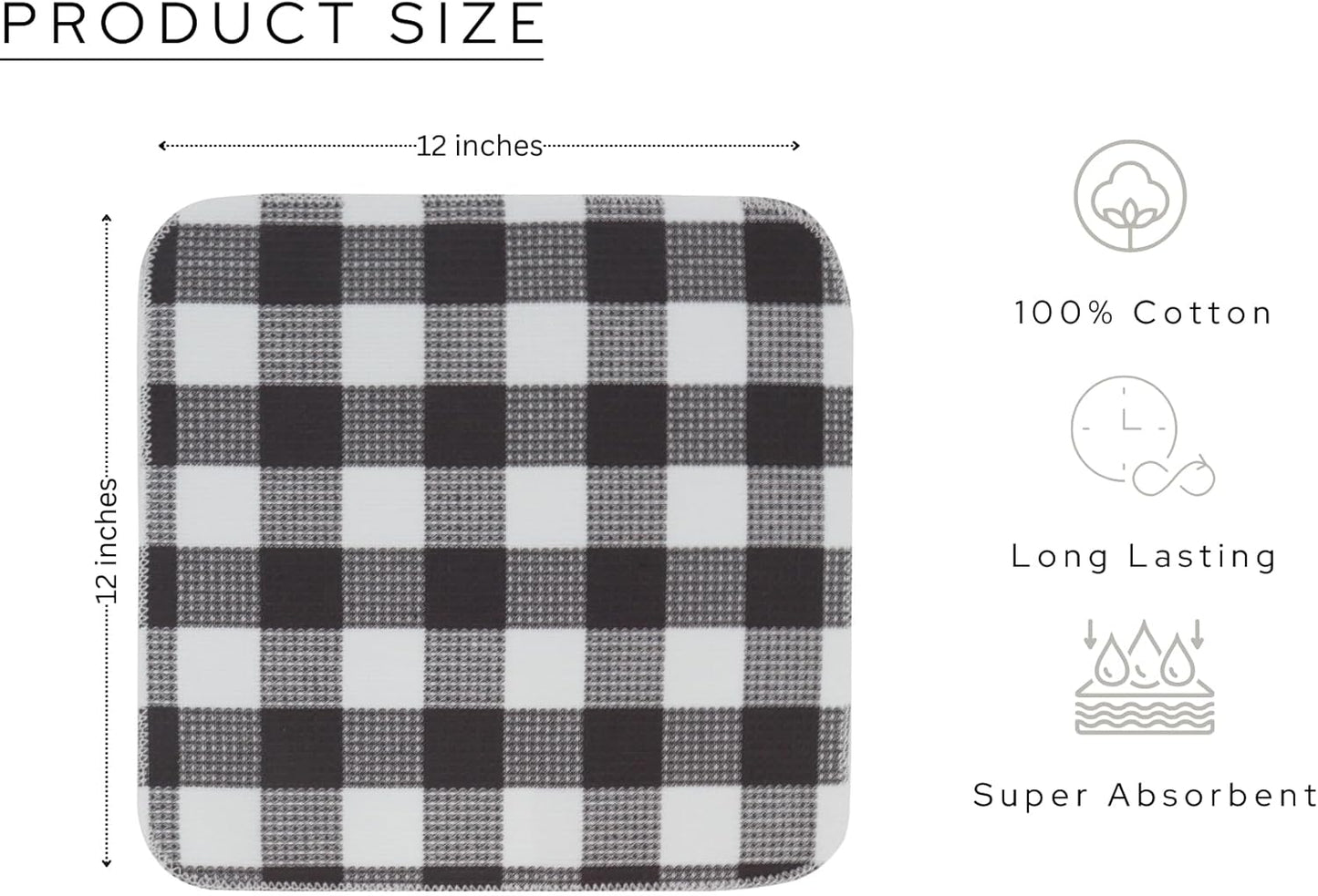 Waffle Weave Plaid Dish Cloths, 100% Cotton - 12 x 12 Inches, Ultra Soft Absorbent Quick Drying Dish Towels Buffalo Check Dish Rags for Kitchen, 8 Pack - Spring Summer - Steel Grey & White
