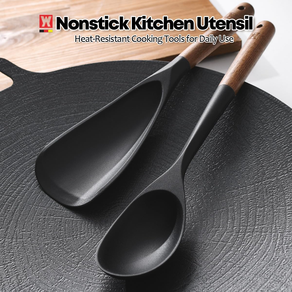 Silicone Cooking & Serving Spoon: Multi-Purpose Cooking Tool for Basting Serving Scooping Scraping Mixing Basting, Non-stick Cookware Safe, Wooden Handle Design