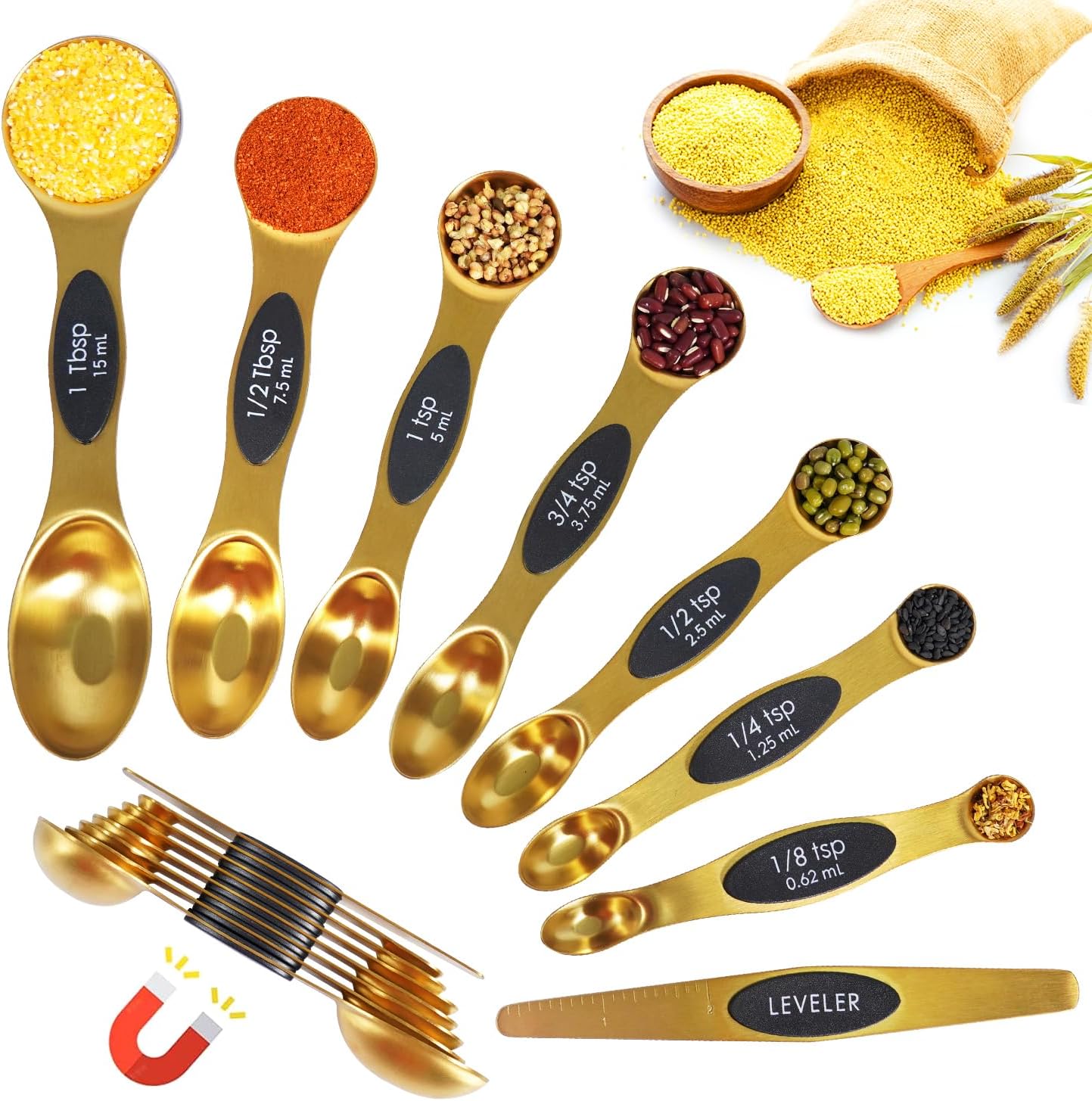 18 Pieces Measuring Cups and Spoons set, Includes 10 Stackable Measuring Cup with Lid and 8 Magnetic Measuring Spoons, for Liquid and Dry Ingredient, BPA Free (Golden)