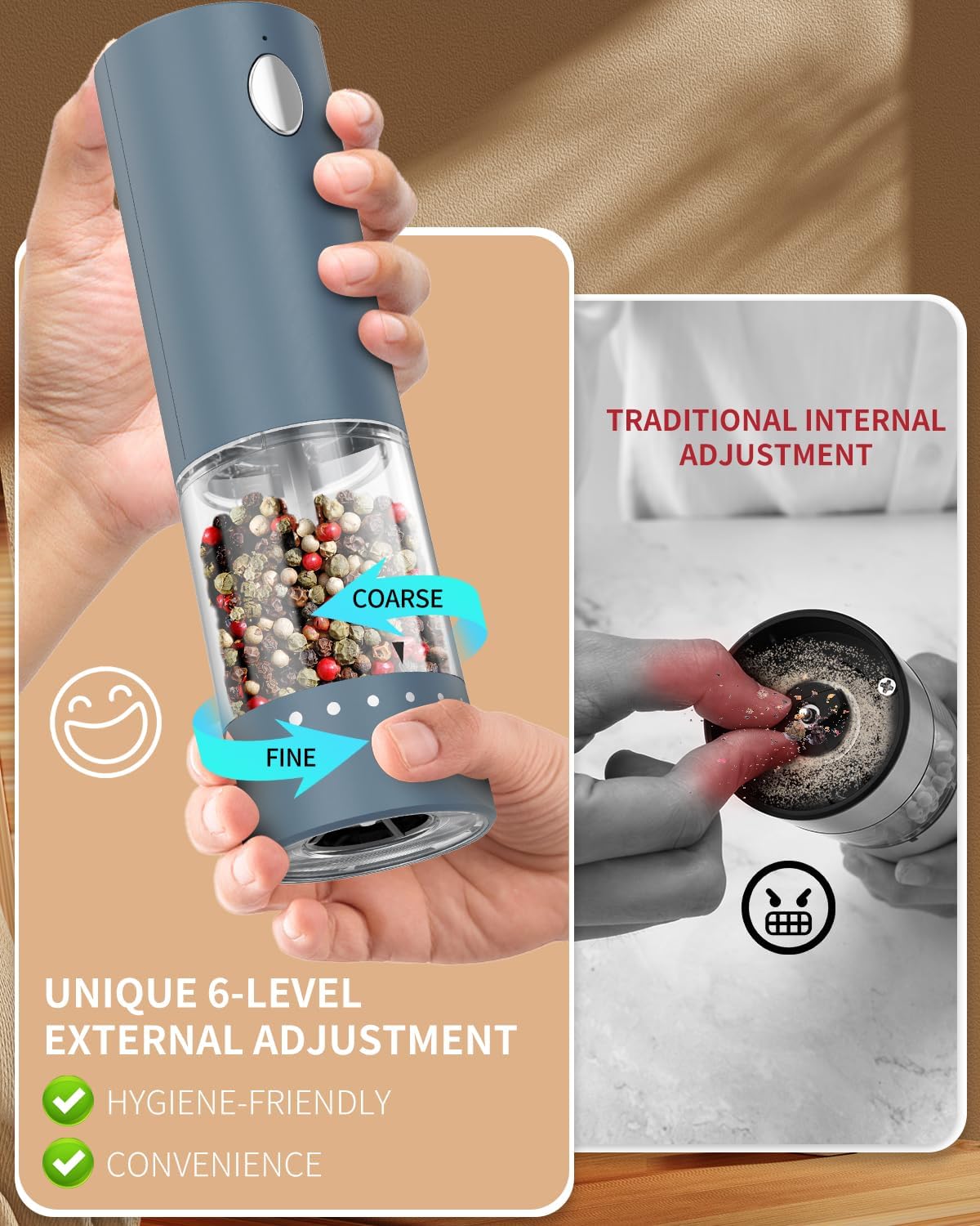 CIRCLE JOY Electric Salt and Pepper Grinder Set Rechargeable Salt and Pepper Mills with Storage Base, Adjustable Coarseness and LED White Light, Washable 95ml Container, Blue