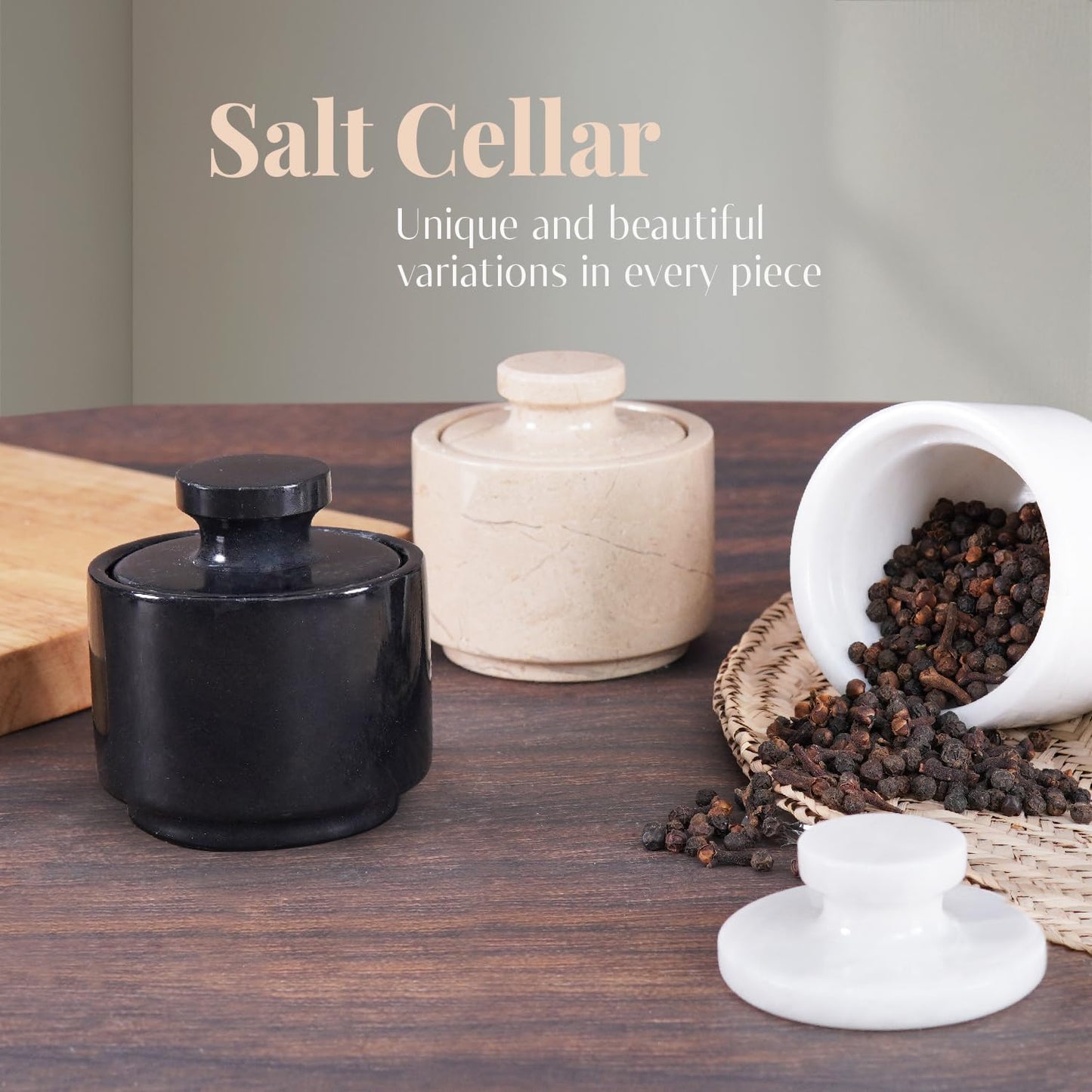 Marble Salt Cellar with Lid 3" Inch Black Spice Jar & Stone Salt Container For Kitchen Countertop, Modern Sugar Bowl