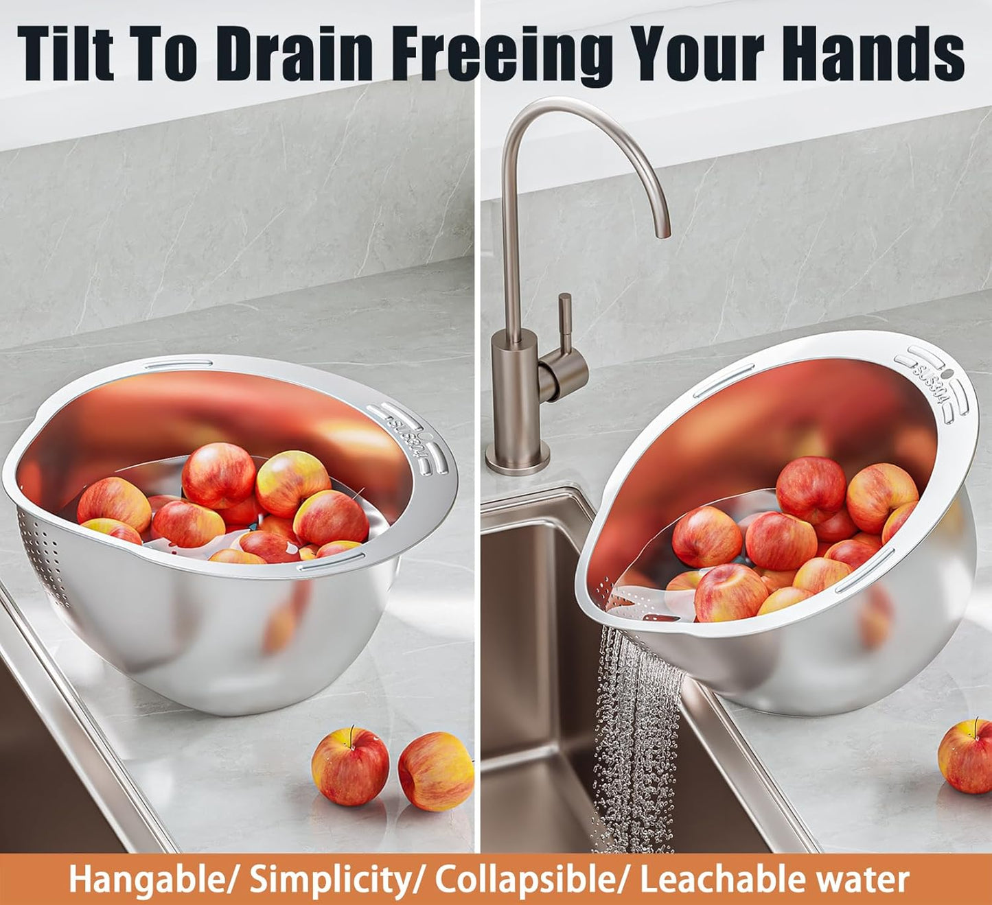 ESOW Colander Set Stainless Steel, Rice Washer Strainer Bowl with Grater, Multipurpose Use for Food Storage, Draining Water, Cutting and Slicing/Shredding, Kitchen Essentials