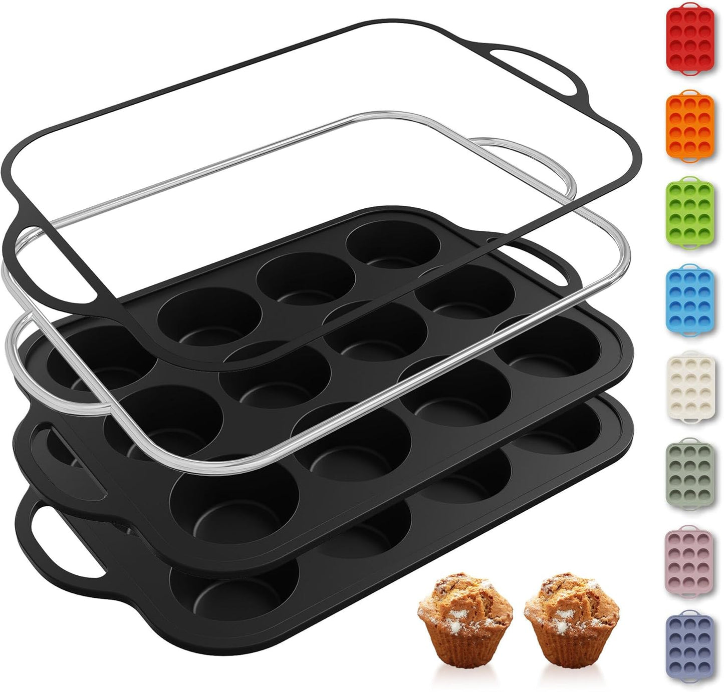 2 Packs 12 Cups Silicone Muffin Pan with Metal Reinforced Frame Regular Size Cupcake Tray Egg Mold Wedding Day Engaged Engagement Hostess Couple Newly Wed House Christmas Married Unique Gift