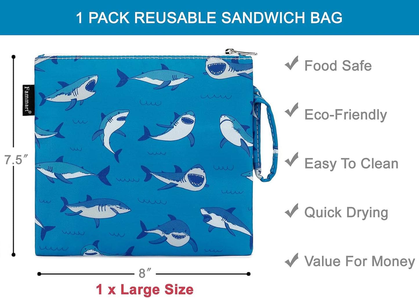 Reusable Sandwich Bag/Snack Bag for Kids & Adults, Dual Layer Lunch Bag with Handle, Cosmetic Bag Makeup Travel Bag for Women Girls, Washable, Food Safe, BPA Free (1-Pack, Shark)