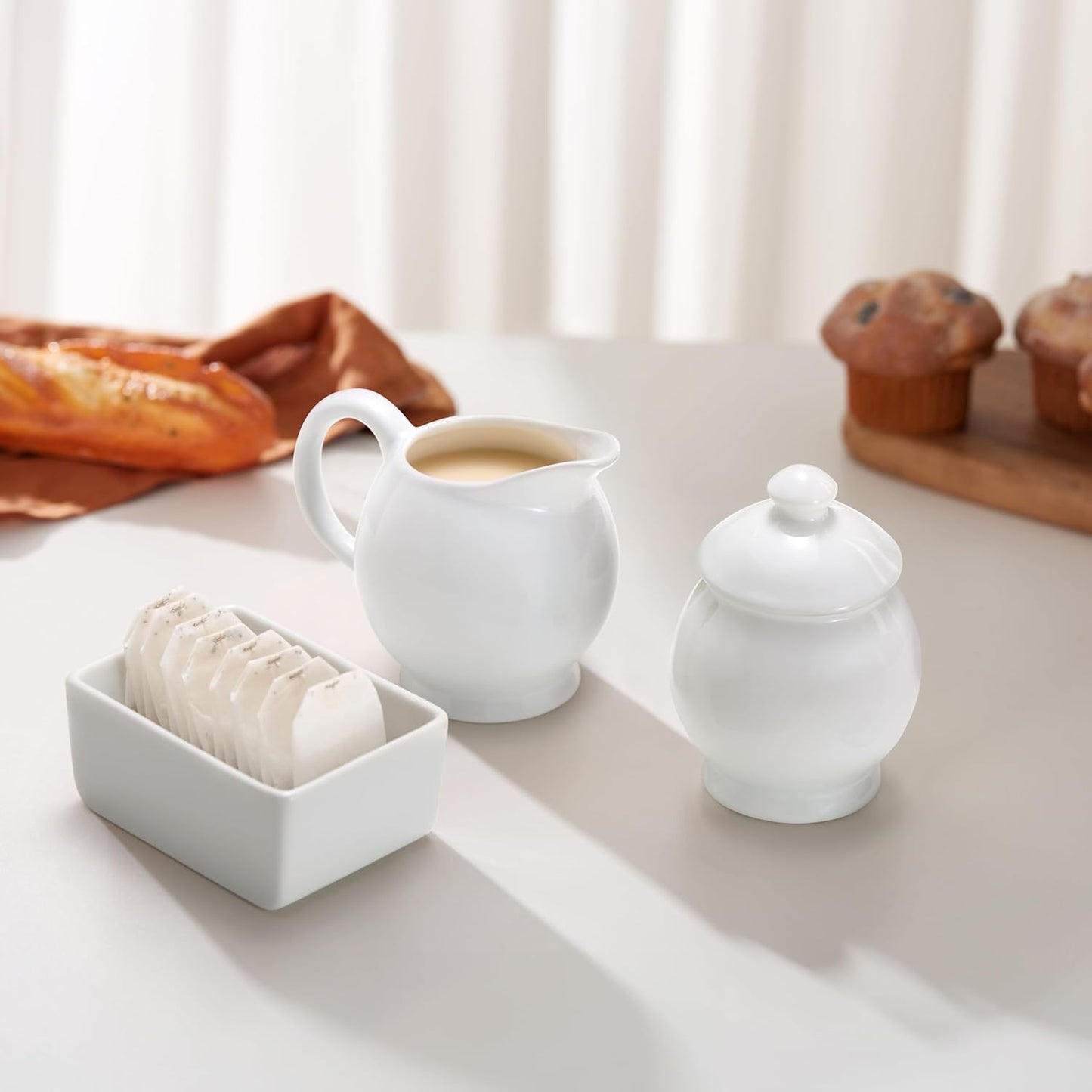 KooK Sugar and Creamer Set, 3 Piece, Pitcher, Sugar Bowl with Lid and Spoon, Sweetener Holder, White (Vintage Design)