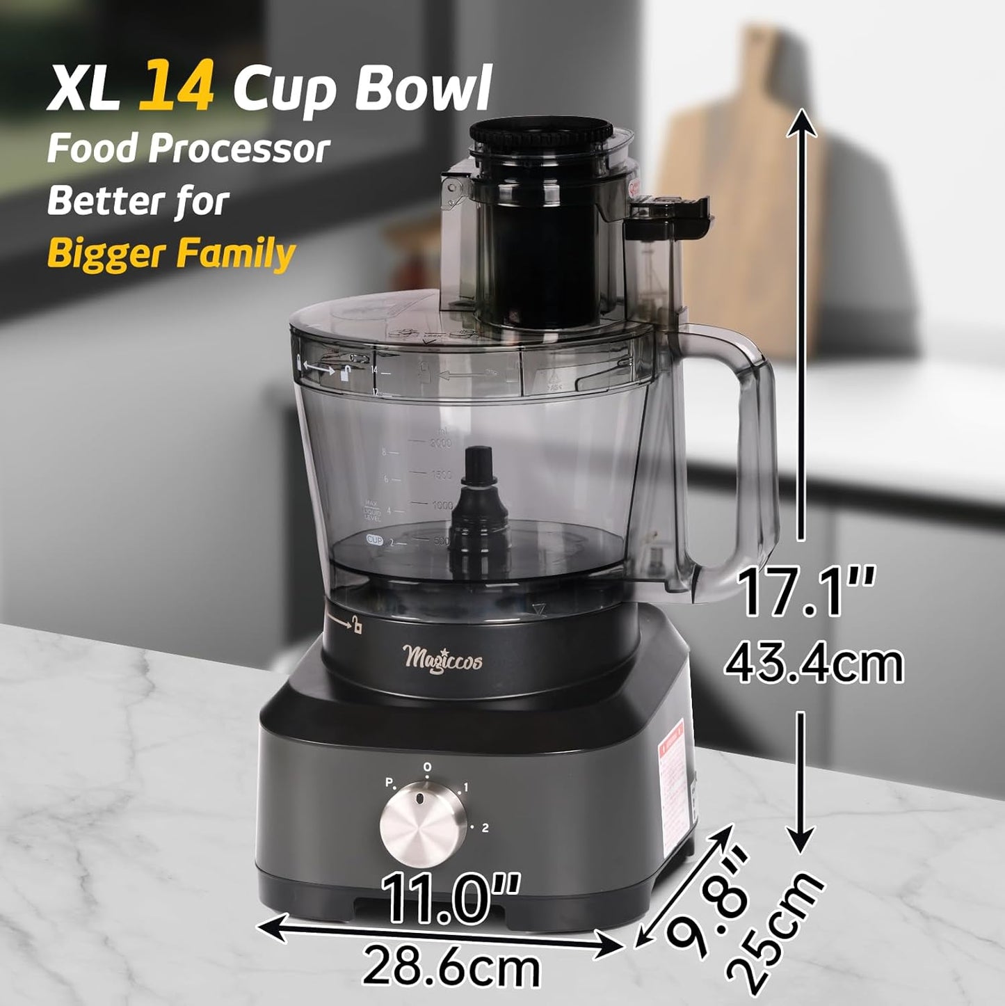 14-Cup French-Fry-Cutter Large Food-Processors - Large Feed Chute, Grey Color, Cheese Shredding, Meat Chopping, Shredding and Slicing, Mixing and Doughing, for Home Use