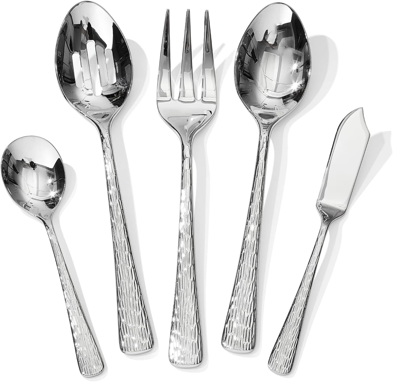 KINGSTONE Hammered 5-Piece Serving Utensil Set, 18/10 Stainless Steel Flatware for Catering, Party Include Spoons, Slotted Spoon, Fork, Butter Knife - Mirror Finish & Dishwasher Safe