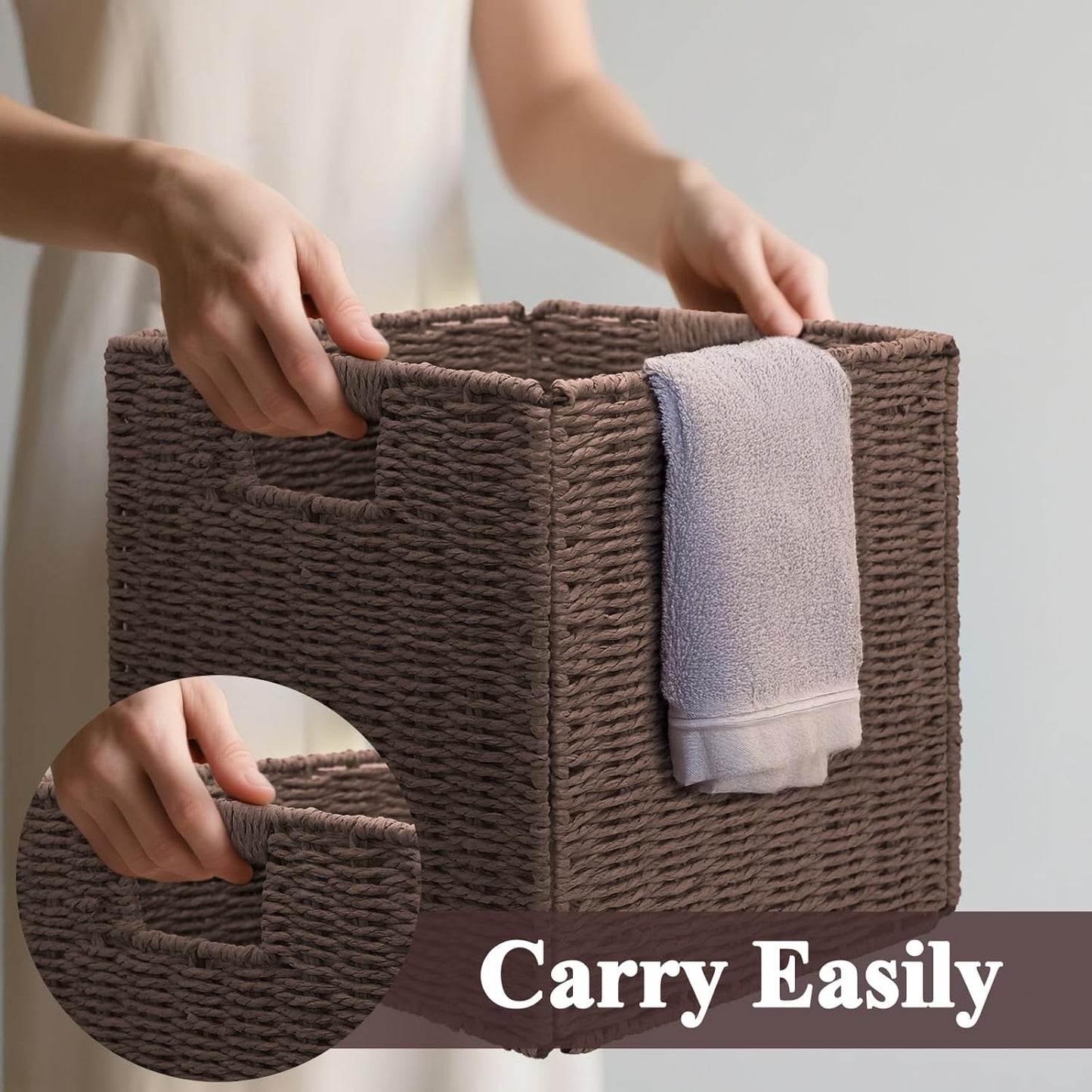 Wicker Storage Baskets for Organizing, 3 Pack Rustic Foldable Square Basket for Shelves, Handwoven Cubby Organizer Bins for Home Decor, Small Cube Storage Bin for Closet Organization (Brown 11 inch)