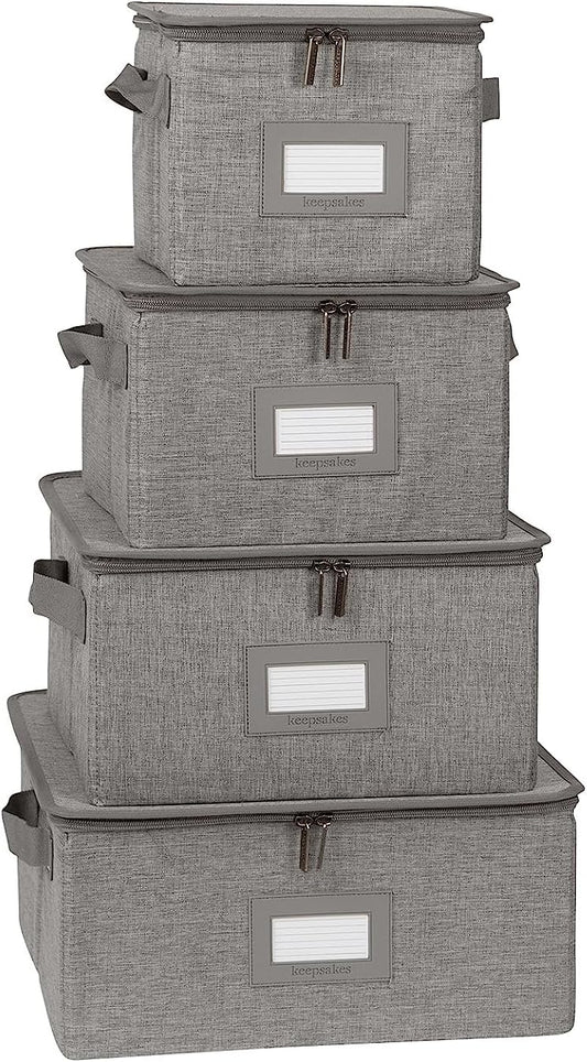 Covermates Keepsakes Dish Storage Box - Stackable, Reinforced Handles, China Storage, Grey Heather
