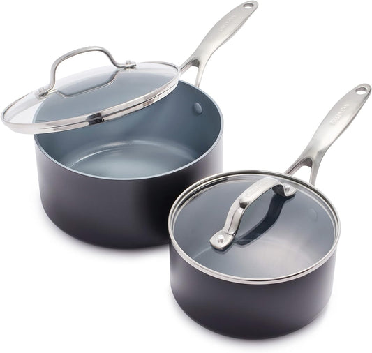 GreenPan Valencia Pro Hard Anodized Healthy Ceramic Nonstick 1.66QT and 3.3QT Saucepan Pot Set with Lids, PFAS-Free, Induction, Dishwasher and Oven Safe, Gray