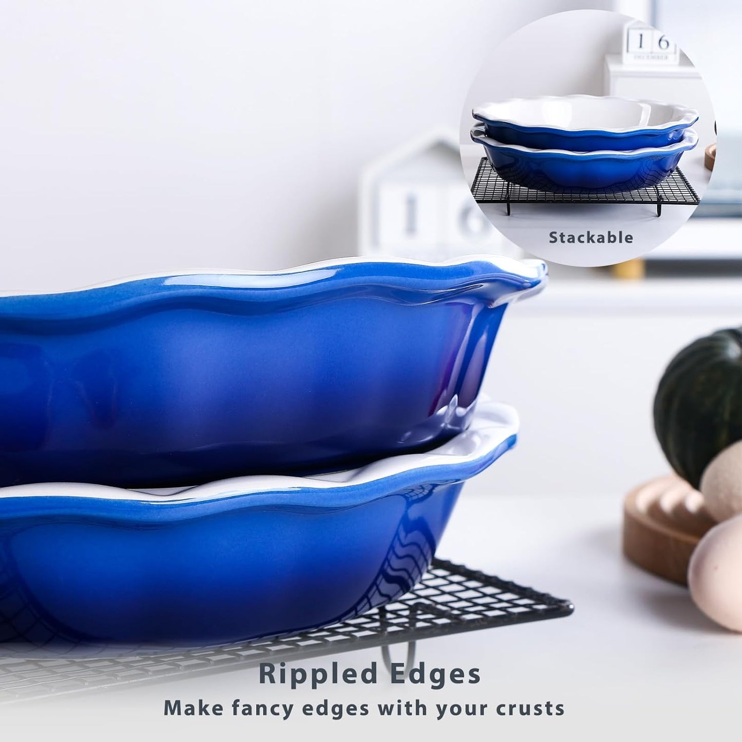 Lareina Ceramic 9 Inch Deep Dish Pie Pans, Set of 2, Blue, Non-Stick, Oven & Dishwasher Safe, Ideal for Baking Pies, Quiches, Cakes