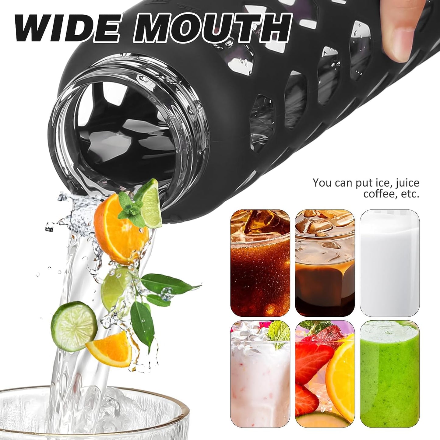 MUKOKO Glass Water Bottles, 24oz Glass Tumbler with Straw, Drinking Bottles with 2 Lids-Handle Spout Lid&Bamboo Straw Lid, Motivational Water Bottle with Time Marker and Silicone Sleeve, 1 Pack-Black