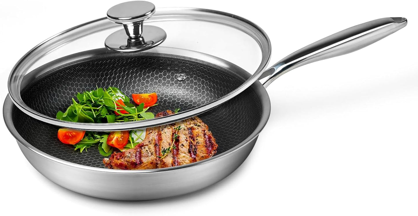 Stainless Steel Frying Pan Nonstick Frying Pan with Lid 10 Inch Honeycomb Stainless Steel Skillet Woks Pan for Gas Electric Induction Ceramic Stoves and Oven