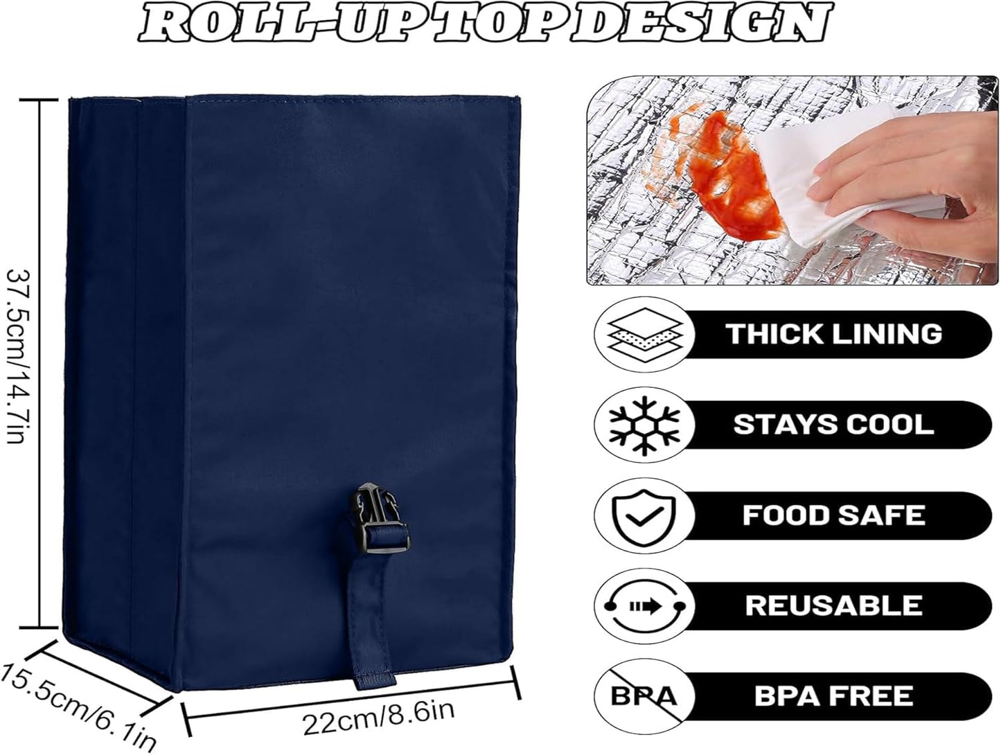 Insulated Foldable Lunch Bag- Lightweight Portable with Adjustable Shoulder Strap Lunch Box for Men, Women, Office, Work, Picnic, Hiking and Beach (Navy Blue(Soft Fabric))