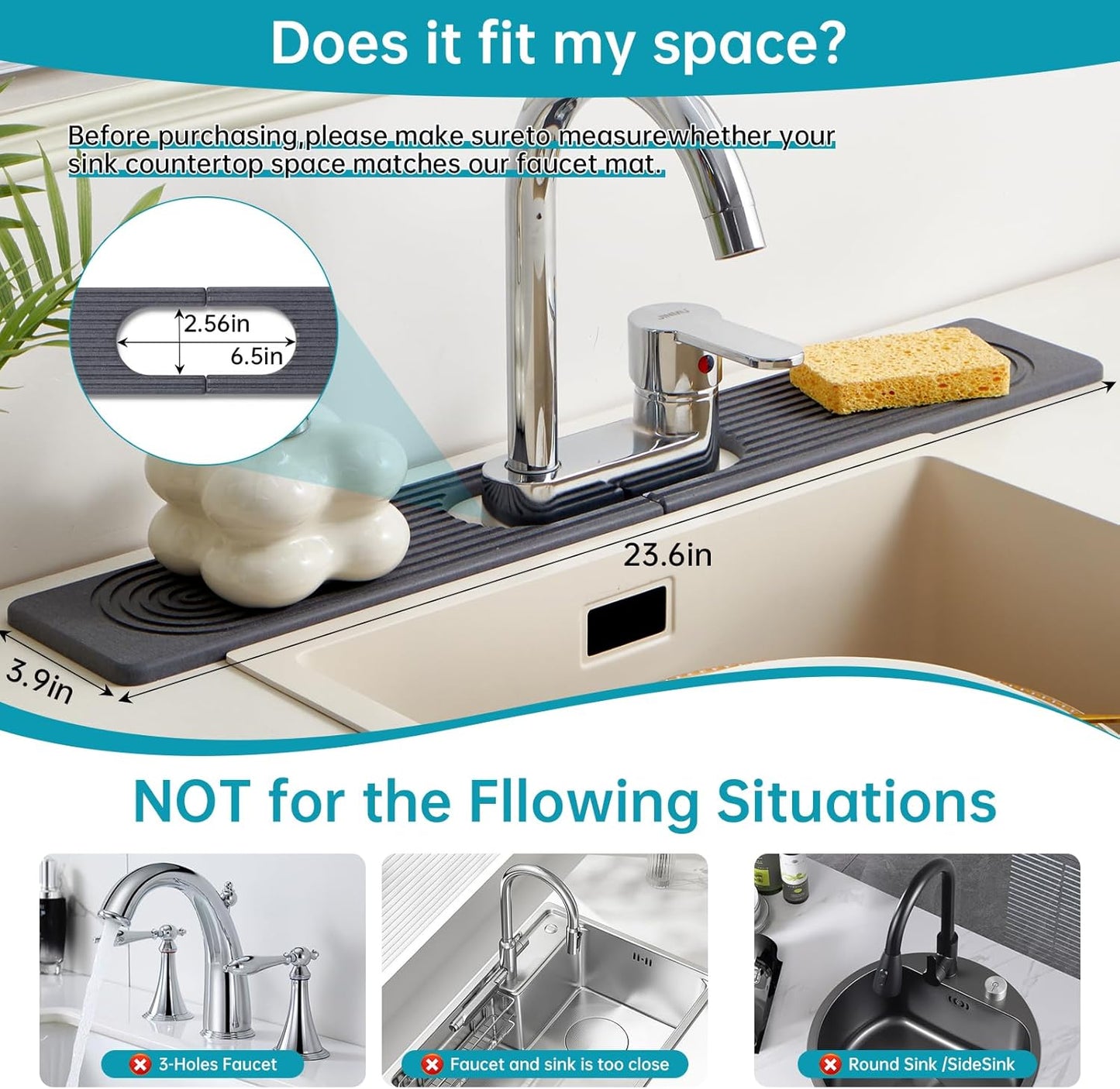 Stone Faucet Mat for Kitchen Sink with Oval Hole – 23.6" × 3.9" Diatomite Drying Stone Mat & Sink Protector, Quick-Dry Splash Guard Water-Absorbing Tray for Bathroom Counter（Dark Gray.23.6" x 3.9"）