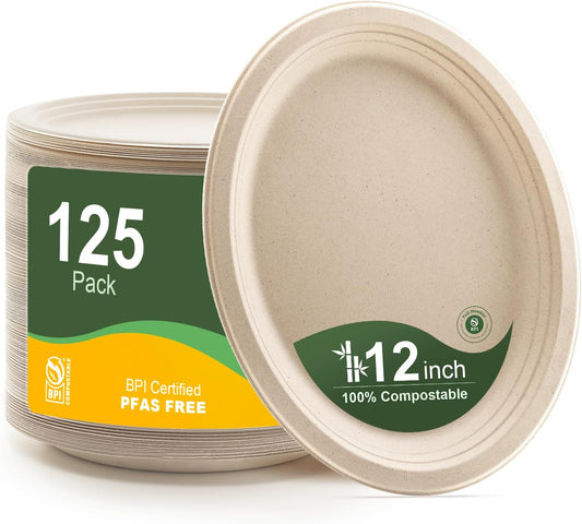 WELLIFE 100% Compostable Oval Paper Plates 12 Inch, 125-Pack Heavy Duty Paper Plates Bulk,Biodegradable Bagasse,Eco-Friendly Disposable Dinner Plate for BBQ,Picnic,Party (BPI Certified,Microwaveable)