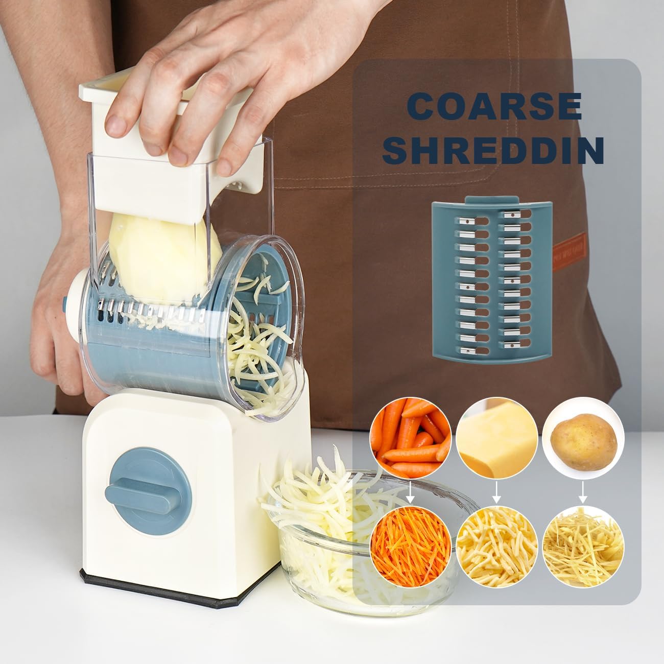 3 in 1 Cheese Grater, Rotary Cheese Grater with Handle for kitchen, Vegetable Slicer with 3 Replaceable Stainless Steel Blades,Peeler and Rubber Gloves (Blue)