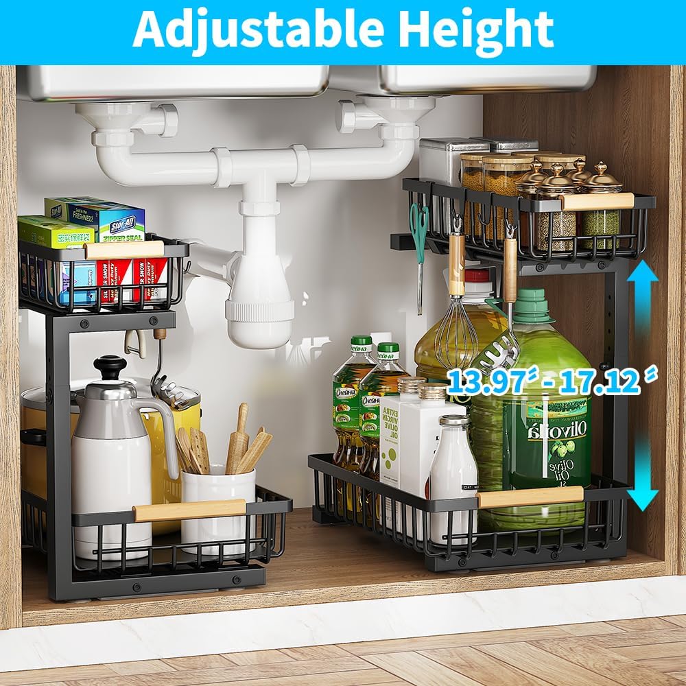 Under Sink Organizer, 2 Tier Metal Under Sink Organizers and Storage, Height Adjustable Slide out Pull out Cabinet Organizer for Kitchen Bathroom