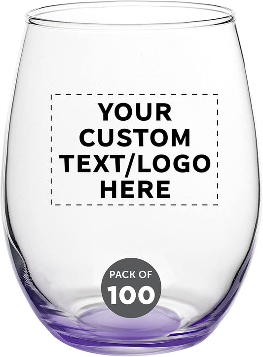 Custom Stemless Wine Glasses in Bulk by ARC Perfection, 15 oz, 100 pack, Personalized Text, Logo, Purple or White Wine Glass Set, Purple