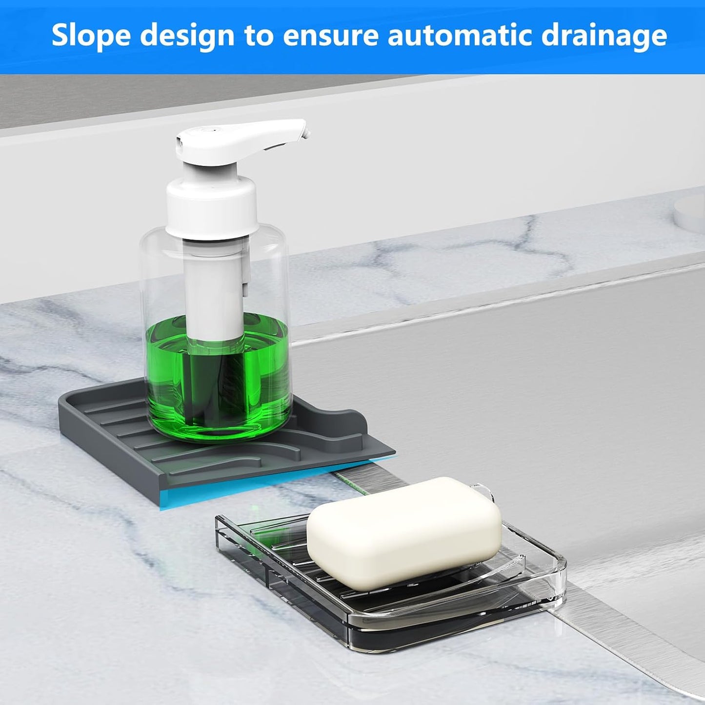 Soap Dish Drying Mat, Sponge Holder & Soap Holder for Kitchen, Bathroom Sink Sponge Drying Rack & Sink Organize Tray for Efficient Storage, Multifunctional Kitchen Organizer(Gray)