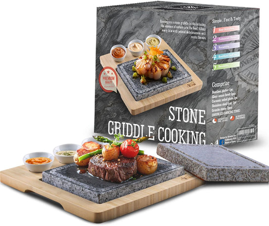 Artestia Professional Steak Stone Grill Set - 2pcs Natural Granite Cooking Stones for Indoor & Outdoor BBQ Hibachi - Heat-Resistant Stones (2 Granite Stone+1 Bamboo Tray+3 Sauce Bowls)