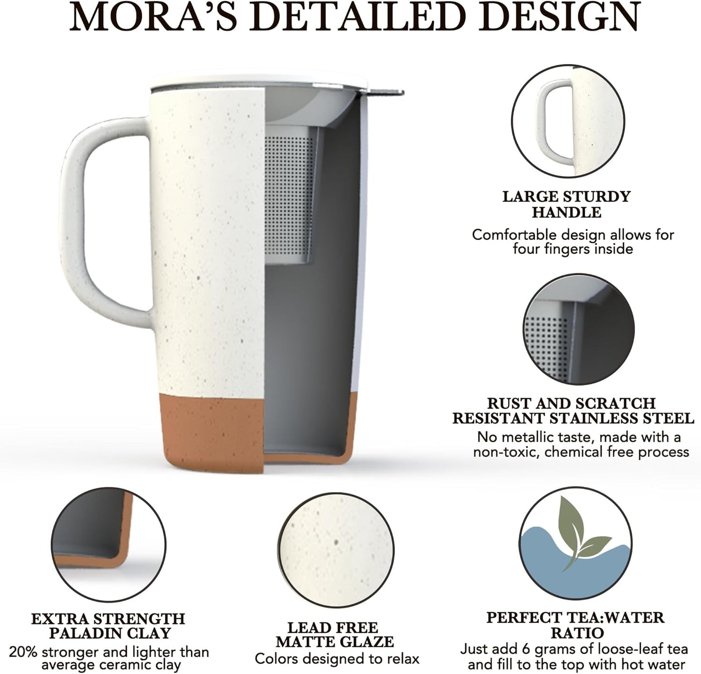Mora Ceramics Large Tea Mug with Loose Leaf Infuser and Ceramic Lid, 18 oz, Portable, Microwave and Dishwasher Safe, Tall Coffee Cup - Rustic Matte Ceramic Glaze, Modern Herbal Tea Strainer, Cotton