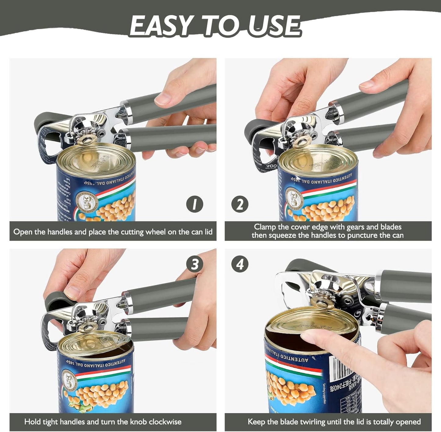 10 Colors Can Opener Manual Handheld Heavy Duty Hand Can Opener Smooth Edge Stainless Steel Can Openers Top Lid Kitchen Gadgets, Best Large Rated Easy Turn Knob, with Bottle Opener, Gray