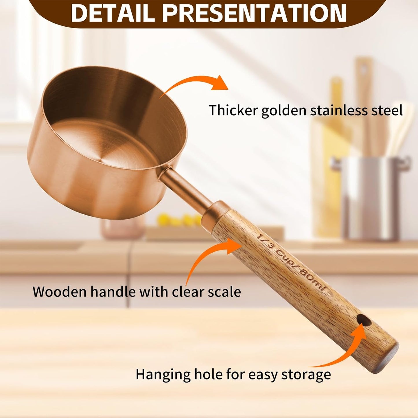 Copper Stainless Steel Measuring Cups and Spoons Set,8 Piece Measuring Cup Set with Wooden Handle and Metric and US Measurements，Copper Polished Finish，for Cooking and Baking in The Kitchen