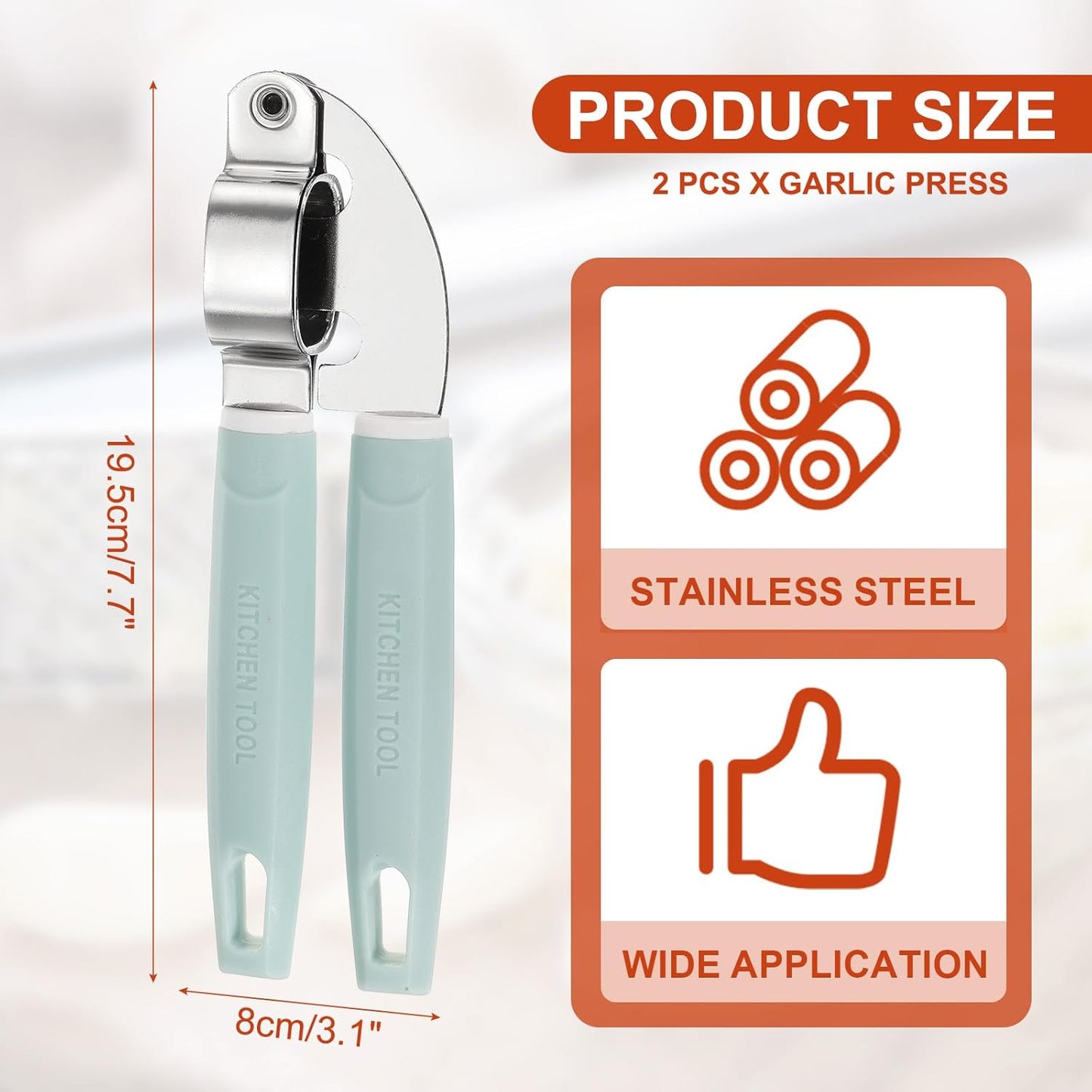 uxcell 2pcs Garlic Press, 7.7 Inch Stainless Steel Garlic Crusher and Peeler Set for Home Cooks and Professional Chefs, Blue