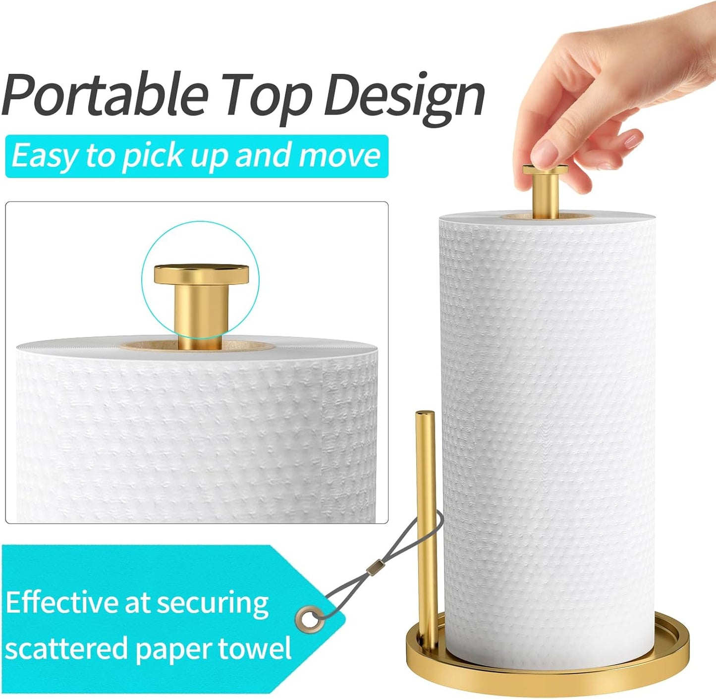 Paper Towel Holder Countertop, Standing Paper Roll Holder with Anti Slip Weighted Base, Stainless Steel Freestanding Paper Towel Holder for Kitchen, Gold