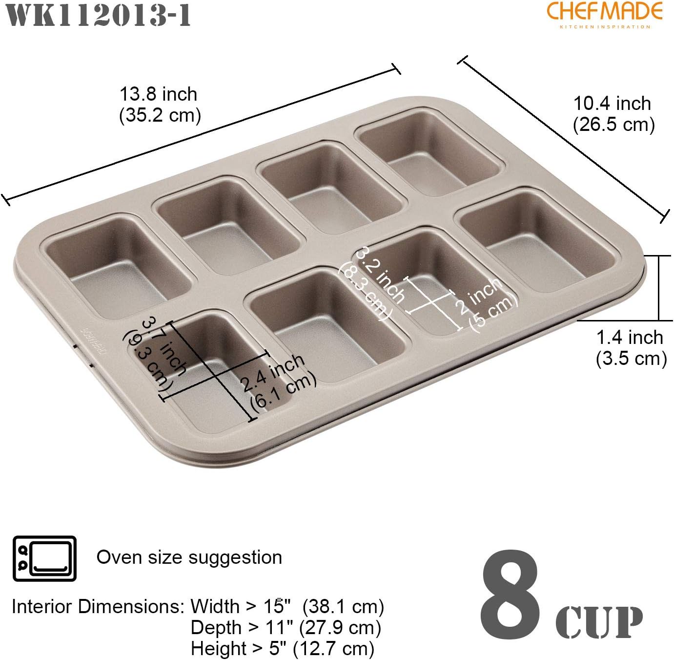CHEFMADE Brownie Cake Pan, 8-Cavity Non-Stick Rectangle Muffin Pan Blondie Bakeware for Oven Baking (Champagne Gold)