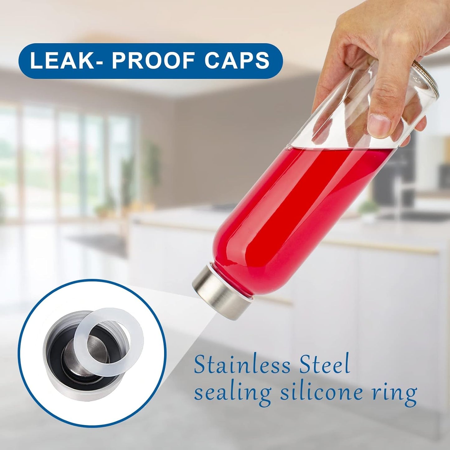 18 oz Clear Glass Water Bottles with Lids, Reusable Glass Juice Bottles with Stainless Steel Cap for Juicing, Refrigerator,100% Leak Proof, BPA Free, Set of 24