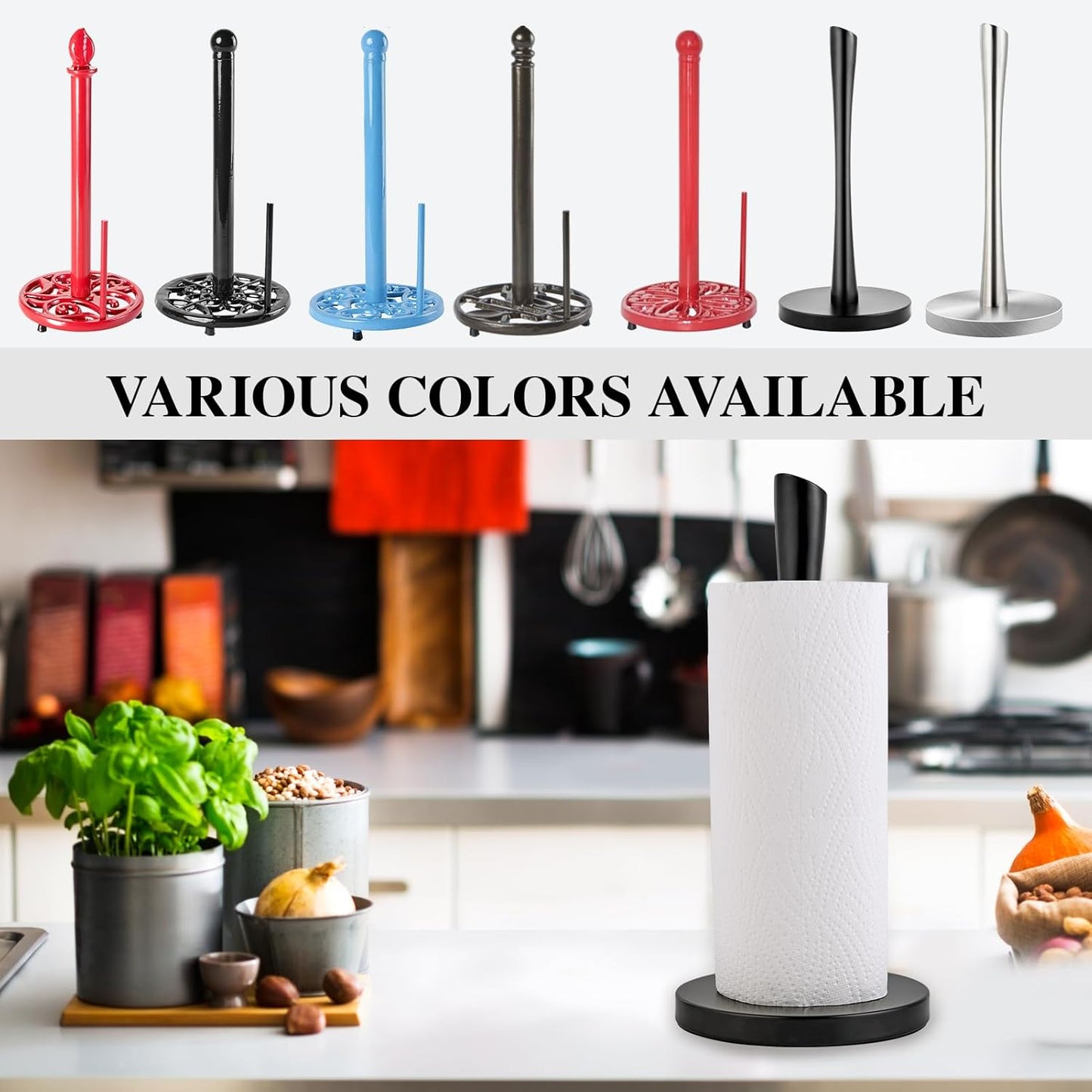 JOGREFUL Paper Towel Holder Stand, Stainless Steel Kitchen Paper Towel Countertop Stand with Streamline Body, Bathroom Organization for Family Standard Large Size Roll Paper, Black